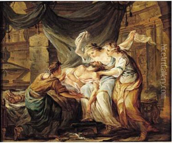 Trois Femmes Pleurant Un Guerrier Mort Oil Painting - Jacques Gamelin