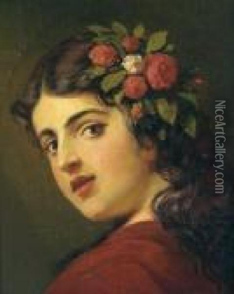 Bildnis Eines Madchens Mit Rosen Im Haar Oil Painting - Anton Ebert