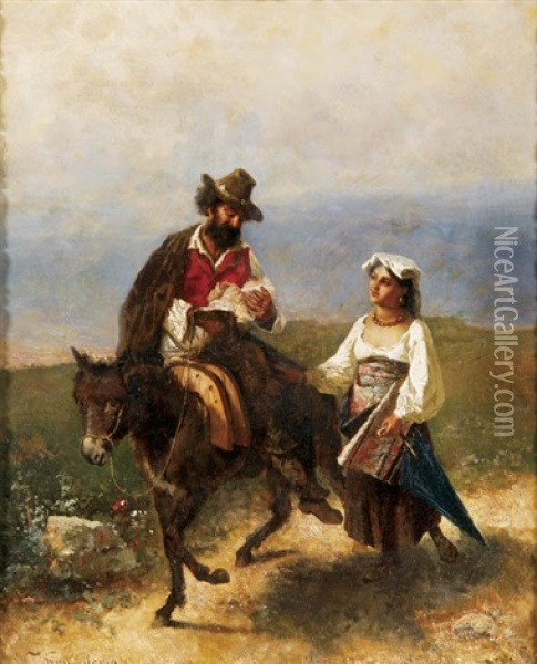 Peasant Couple With Baby Traveling On Donkey Oil Painting - Wilhelm Kray