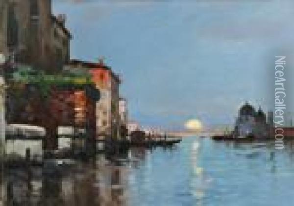 Venise Soleil Couchant. Oil Painting - Maurice Bompard
