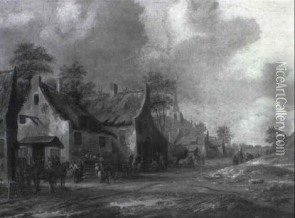 Village Street With Travellers And Peasants Outside The Half Moon Inn Oil Painting - Thomas Heeremans
