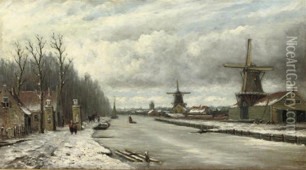 Strolling Along A Frozen River Oil Painting - Johannes Jacobus Heppener