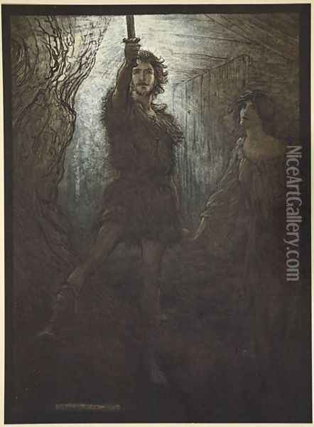Siegmund the Walsung thou does see! As bride gift he brings thee his sword, illustration from The Rhinegold and the Valkyrie, 1910 Oil Painting - Arthur Rackham