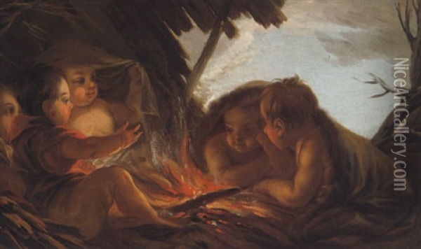 Putte, Die Sich In Einer Abendlichen Landschaft Am Feuer Warmen Oil Painting - Joseph Melling