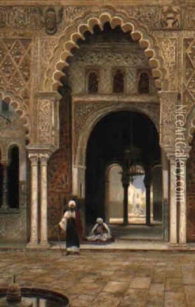 Arabs In A Courtyard Oil Painting - Frans Wilhelm Odelmark