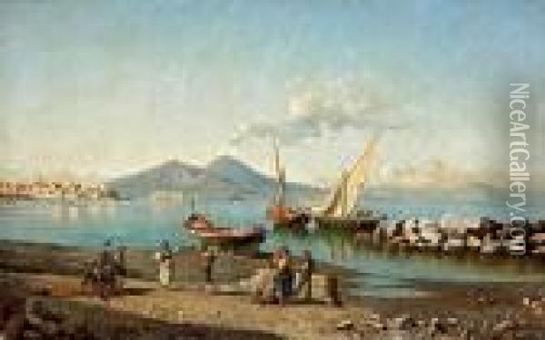 A View Of The Bay Of Naples With Figuresdancing On The Shore Oil Painting - Giuseppe Carelli