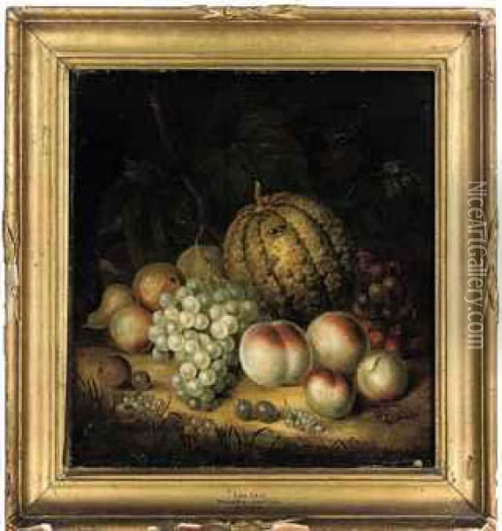 A Pumpkin, Apples, Grapes, Pears, Cherries, Gooseberries, Berriesand A Plum On A Mossy Bank Oil Painting - George Gray