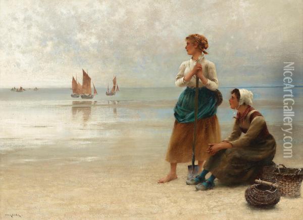 Girls Gathering Oysters, Brittany Oil Painting - August Wilhelm Nikolaus Hagborg