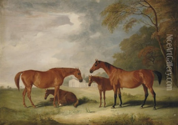 "filigree" And Her Daughter "cobweb," With Foals In A Landscape Oil Painting - John E. Ferneley