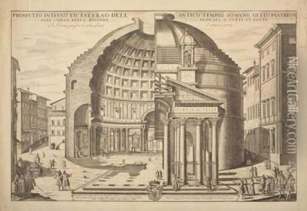 Prospetto Interno Ed Esterno Dell' Antico Tempio Romano Detto Pantheon Oil Painting - Carlo Lodi