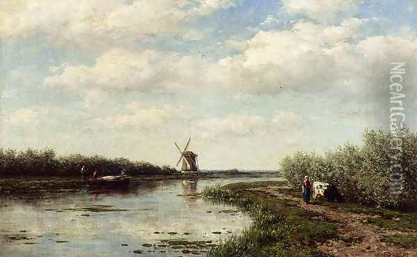 Figures On A Country Road Along A Waterway A Windmill In The Distance Oil Painting - Willem Roelofs