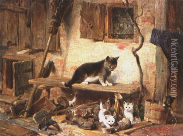 Katze Mit Vier Jungen Vor Bauernhaus Oil Painting - Julius Adam the Elder