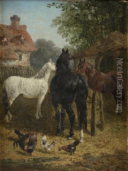 Horses At A Trough; Cattle Watering At Astream Oil Painting - John Frederick Herring Snr