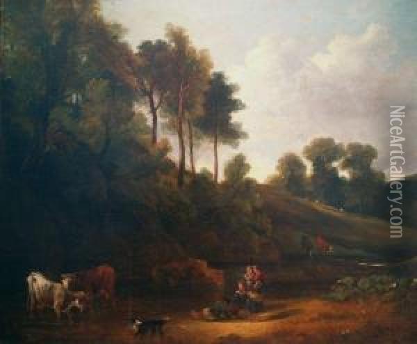 Country Children Watching Cattle Drinking At A Stream Oil Painting - Benjamin Barker Of Bath
