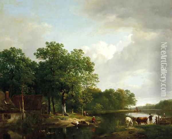 Summer idyl a riverlandscape in summer Oil Painting - Hendrikus van den Sande Bakhuyzen