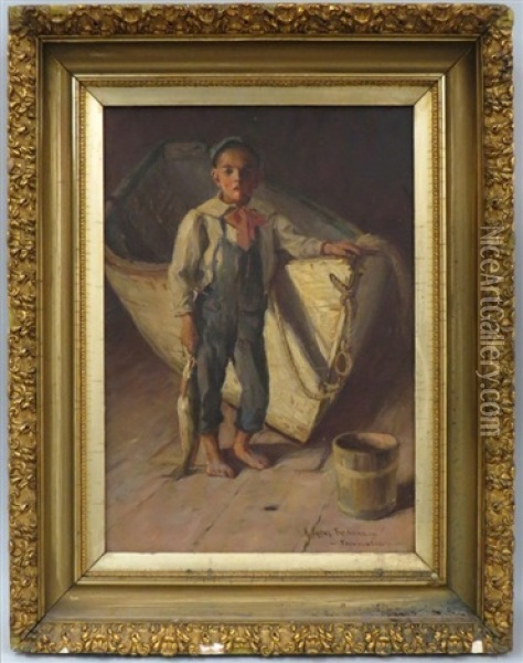 Boy With Fish Standing By Boat Oil Painting - Herbert Cyrus Farnum
