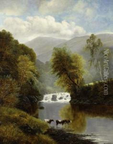 Mountainous Landscape With Cattle And A Waterfall Oil Painting - William Mellor