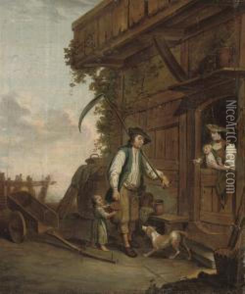 A Peasant With His Family By A Cottage Oil Painting - Jan Josef, the Elder Horemans