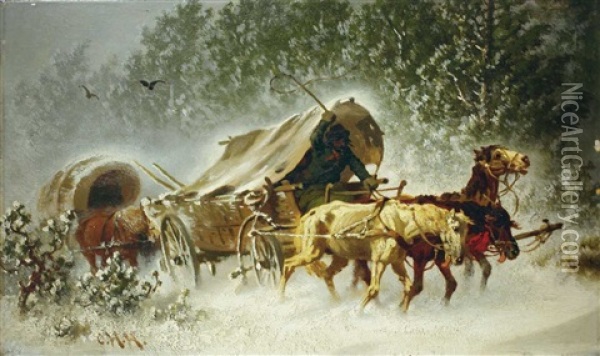 Winterlandschaft Mit Pferdefuhrwerken Oil Painting - Carl Heinrich Hoffmann
