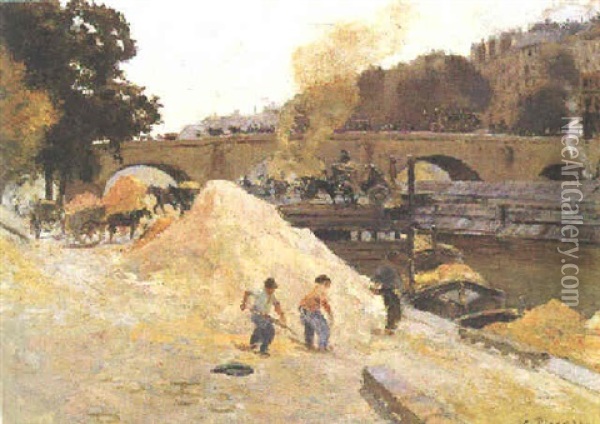 Au Bord De La Seine A Paris Oil Painting - Camille Pissarro