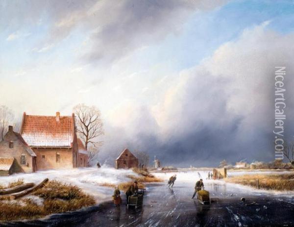 Holenderski Pejzaz Zimowy Z Lyzwiarzami Oil Painting - Jan Jacob Coenraad Spohler