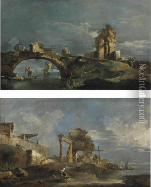 A Capriccio With A Bridge, Ruins And The Lagoon Oil Painting - Francesco Guardi