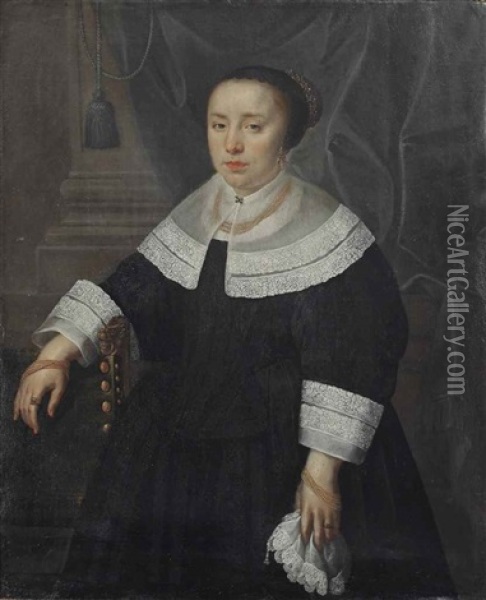Portrait Of A Lady, Three-quarter Length, In A Black Dress With White Lace Collar And Cuffs And Golden Jewelry, Leaning With Her Right Hand On A Chair And Holding A White Handkerchief In The Other Hand, Standing Before A Column Oil Painting - Bartholomeus Van Der Helst