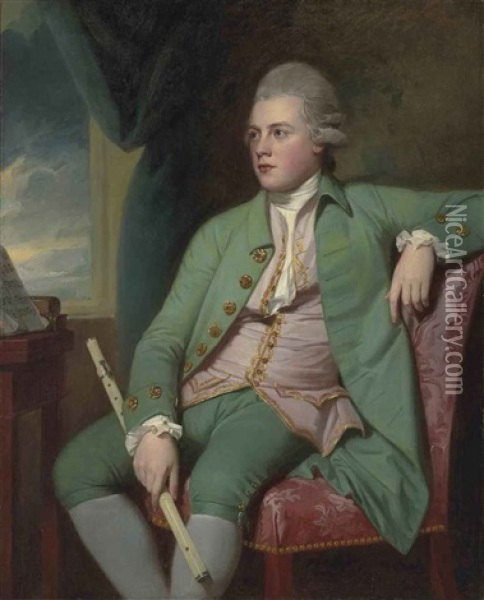 Portrait Of Francis Lind In A Green Coat And Breeches, And Pink Waistcoat Embroidered With Gold, A One-keyed Simpson Ivory Flute In His Right Hand, A... Oil Painting - George Romney