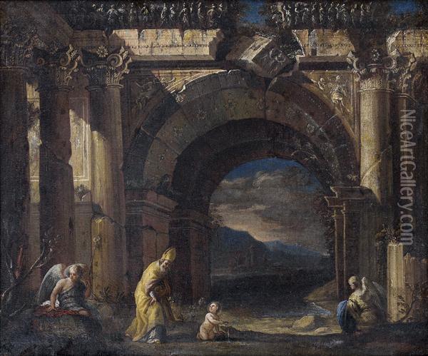 Saint Augustin Et L'ange Dans Des Ruines Antiques Oil Painting - Ascanio Luciani
