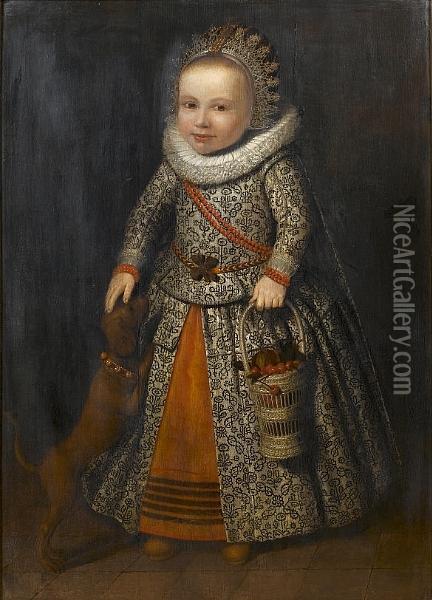 Portrait Of A Child, Full Length, In A White Dress, Ruff Collar And Lace Cap, Holding A Basket Of Cherries, Standing Beside A Dog Oil Painting - Wybrand Simonsz. de Geest