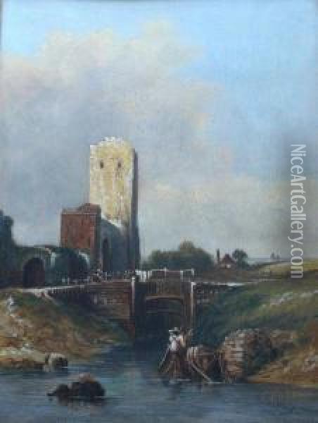 The Canal Lock Oil Painting - G. Parris