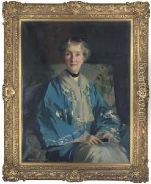 Portrait Of Mrs Agnes Innes, Nee
 Barlow, Seatedthree-quarter-length, In A Blue Embroidered Kimono, 
Holding Afan Oil Painting - George Henry