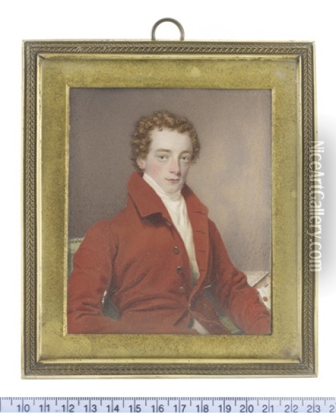 John Mytton (1796-1834), Seated On A Green Upholstered Chair, Wearing Red Coat, Cream Waistcoat, White Chemise, Stock And Cravat Oil Painting - Samuel John Stump