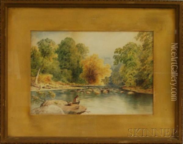 River Scene With A Fisherman Oil Painting - Granville Perkins