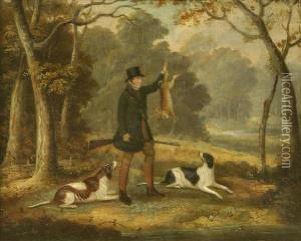 Follower Of Edwin Cooper Of Beccles Sportsman With Hare And Pointers By A Woodland Pool Oil Painting - Edwin, Beccles Of Cooper