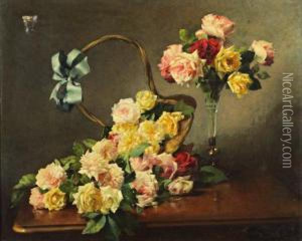 Vase De Roses Et Jetee De Roses Oil Painting - Eug Vernay