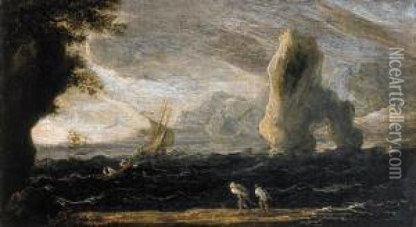 A Rocky Coastal Landscape With Fishermen Hauling In Their Nets, Asa Storm Approaches Oil Painting - Francois de Nome (Monsu, Desiderio)