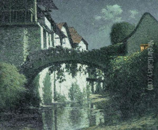 Petit Cours Deau Dans Le Village Au Clair De Lune Oil Painting - Maurice Grun