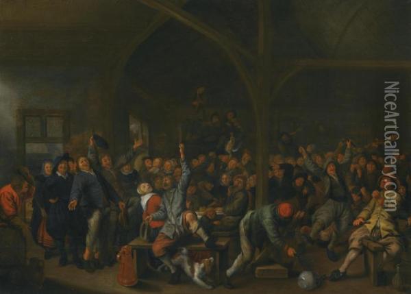 A Raucous Tavern Interior With Peasants Dancing And Making Music Oil Painting - Jan Miense Molenaer
