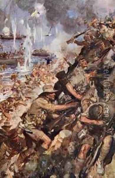 Midst Shot and Shell we made the narrow Beach landing at Gallipoli Oil Painting - Cyrus Cuneo