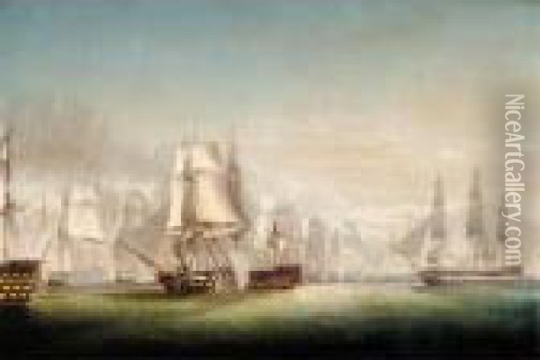 The Battle Of Trafalgar, With H.m.s. Victory Raking The Bucentaure Oil Painting - Robert Dodd