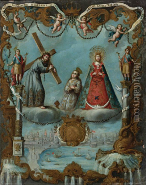 Alegoria De La Ciudad De Cadiz Con Jesus Nazareno Y Virgen Del Rosario Oil Painting - Jose De Paez