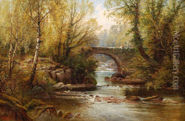 A Figure On A Bridge Over A Rocky River Oil Painting - Alfred I Glendening