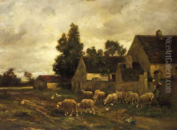 Shepherdess and Her Flock Oil Painting - Charles Emile Jacque
