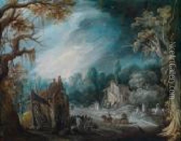 Umkreisphantasievolle Landschaft Mit Hutten Und Einem Pferdefuhrwerk Oil Painting - Paul Bril
