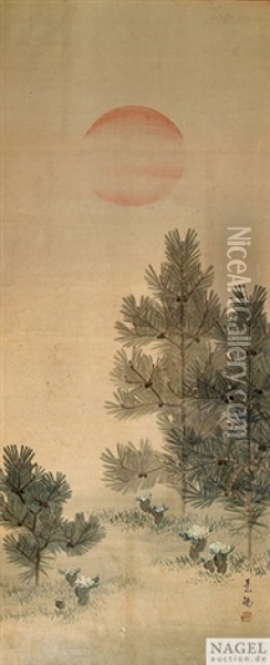 Malerei Mit Darstellung Von Zwei Kiefern Im Abendrot Oil Painting - Yamaguchi Soken