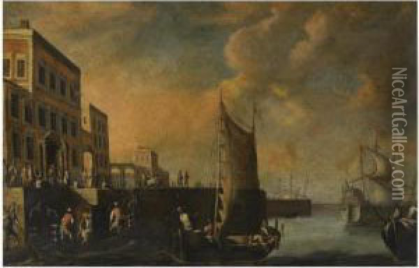A Busy Pier By A Classical Palace Oil Painting - Cornelis de Wael