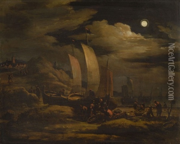 Fischer Am Nachtlichen Strand Oil Painting - Egbert Lievensz van der Poel