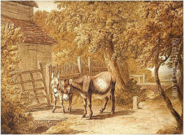 Donkeys By A Farmyard Oil Painting - Robert Hills