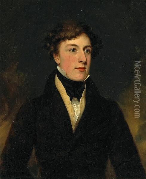 A Portrait Of A Young Man, Half-length, In A Brown Coat And Black Cravat Oil Painting - Sir George Hayter